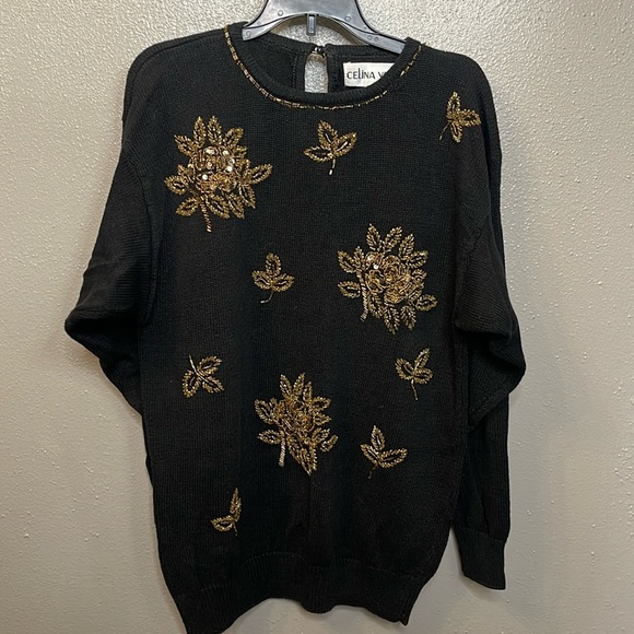 Vintage Celina Yang Knit Gold Beaded Sweater - Picture 2 of 6